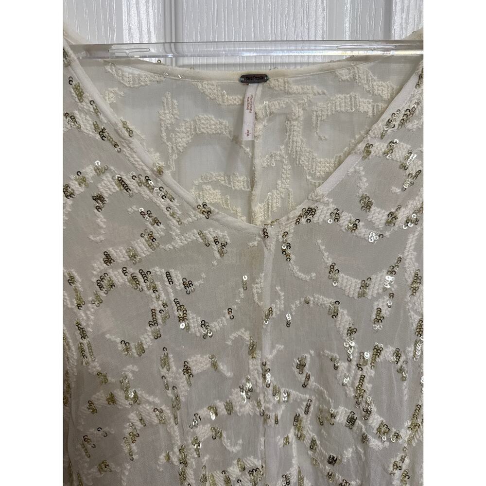Free People Smile Away Sheer Top Ivory/Gold/Sequins Ruffle Trim Embroidery Small - Picture 3 of 11